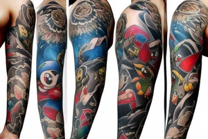 Sleeve tattoo with pokemon tattoo idea