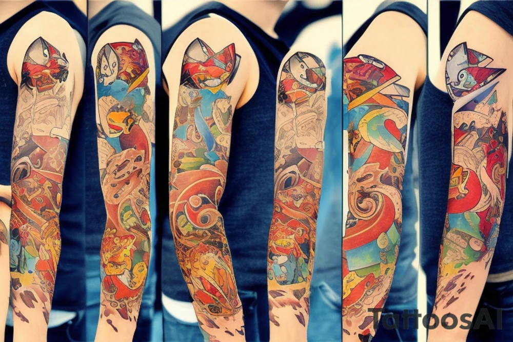 Sleeve tattoo with pokemon tattoo idea