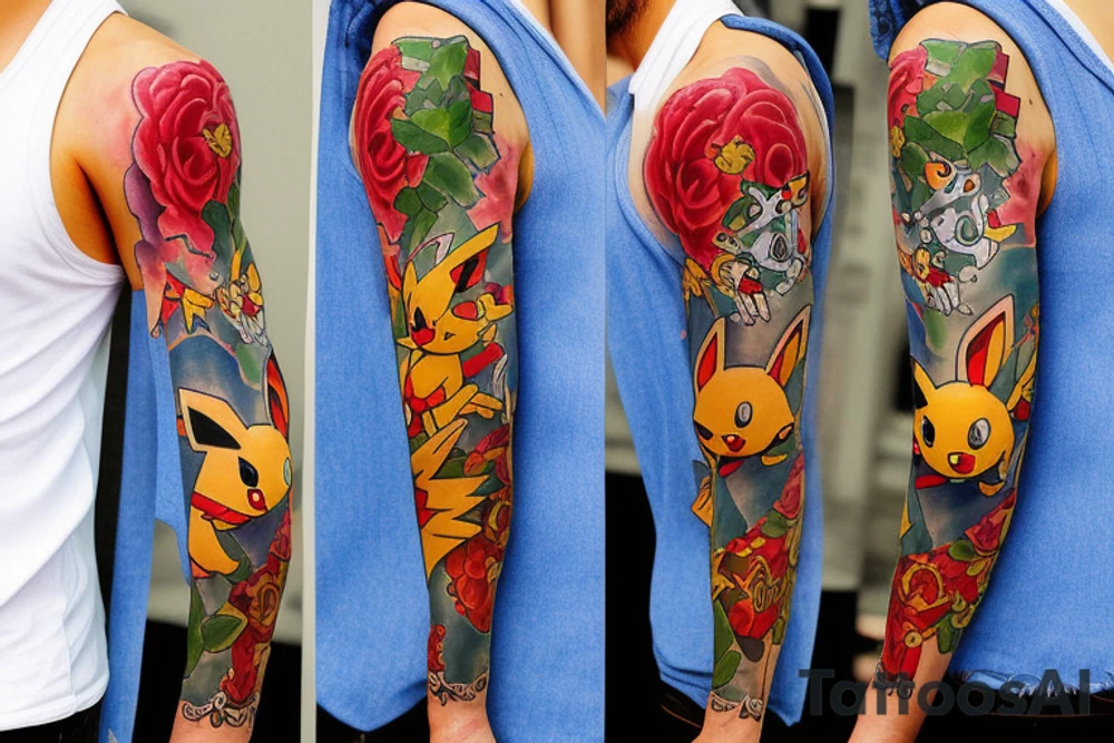 Sleeve tattoo with pokemon tattoo idea