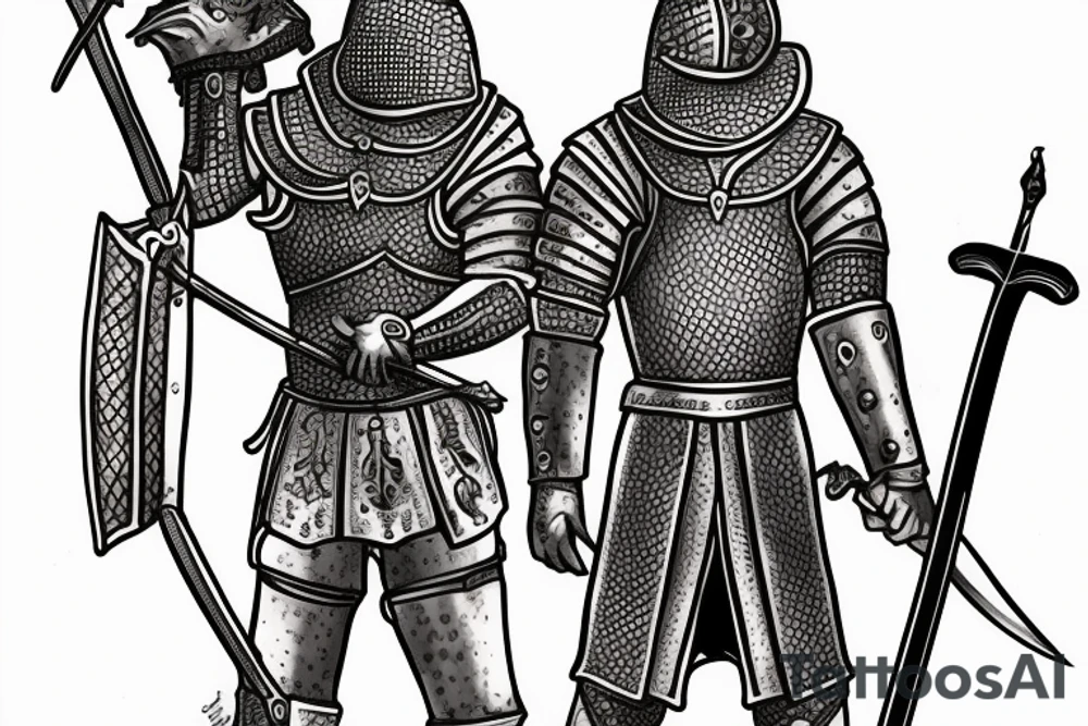 Medieval knight holding sword standing next to the wounded wolf tattoo idea