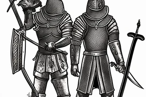 Medieval knight holding sword standing next to the wounded wolf tattoo idea