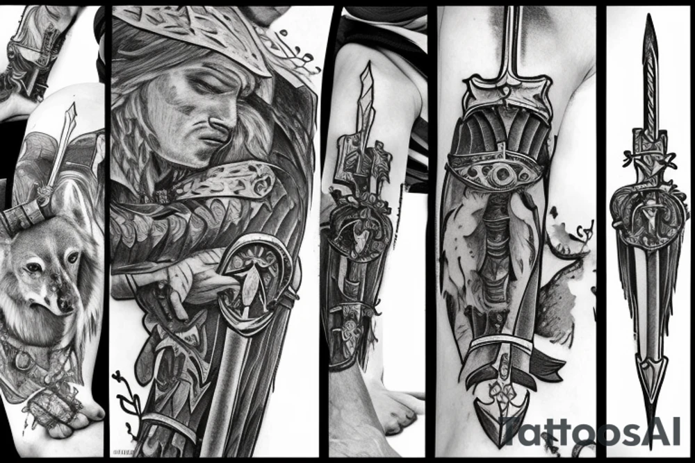 Medieval knight holding sword standing next to the wounded wolf tattoo idea