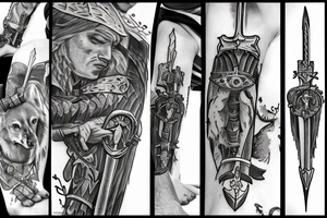 Medieval knight holding sword standing next to the wounded wolf tattoo idea