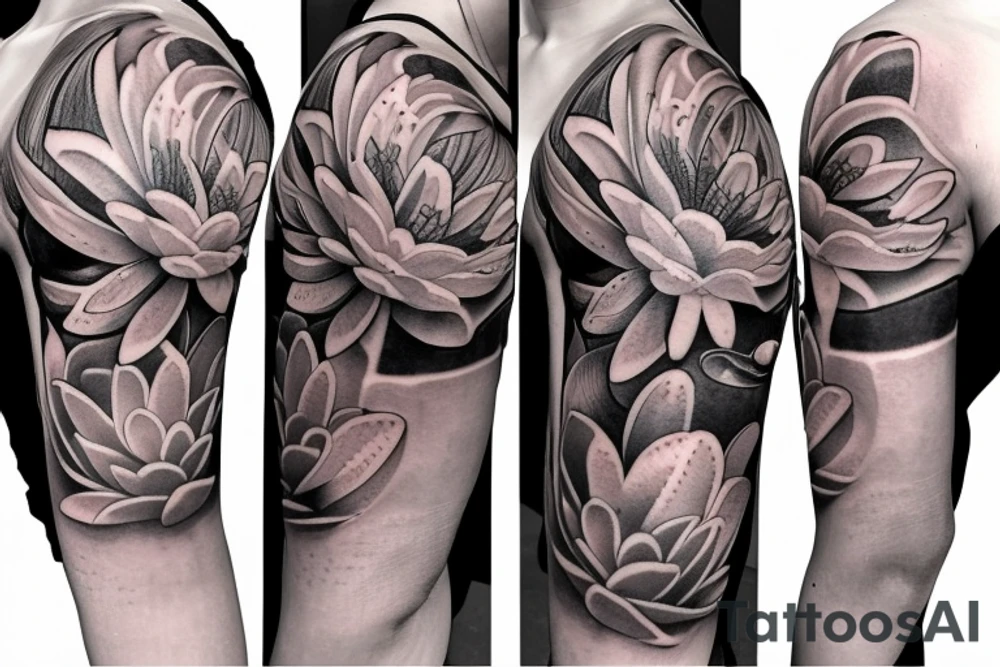 Half sleeve tattoo with water lily, daisy and all seeing eye tattoo idea