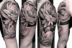 Half sleeve tattoo with water lily, daisy and all seeing eye tattoo idea
