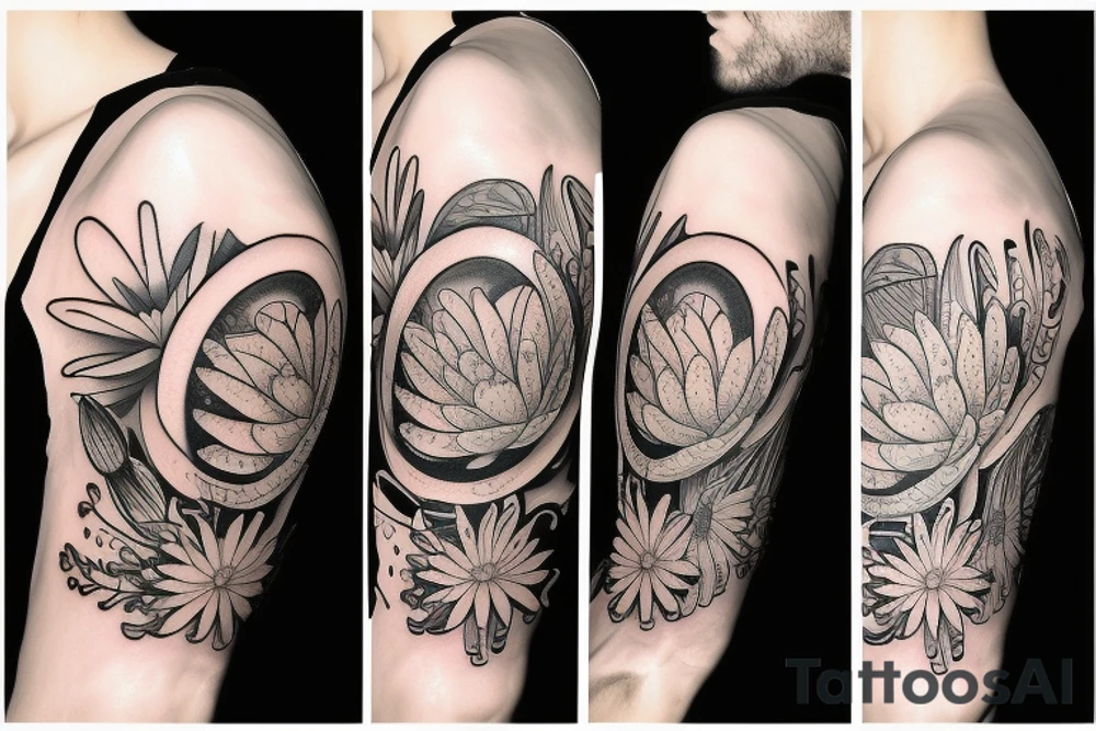 Half sleeve tattoo with water lily, daisy and all seeing eye tattoo idea