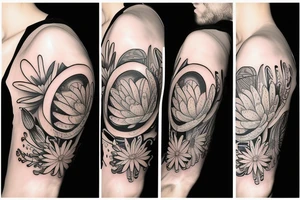 Half sleeve tattoo with water lily, daisy and all seeing eye tattoo idea