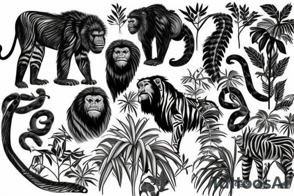 I want a jungle scene with vines. I want a gorilla head, lion head, wolf head, snake, eagle, tiger, black  panther all inside the trees tattoo idea