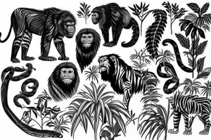 I want a jungle scene with vines. I want a gorilla head, lion head, wolf head, snake, eagle, tiger, black  panther all inside the trees tattoo idea