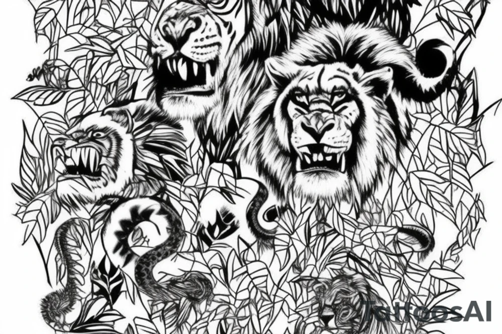 I want a jungle scene with vines. I want a gorilla head, lion head, wolf head, snake, eagle, tiger, black  panther all inside the trees tattoo idea