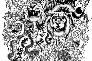 I want a jungle scene with vines. I want a gorilla head, lion head, wolf head, snake, eagle, tiger, black  panther all inside the trees tattoo idea