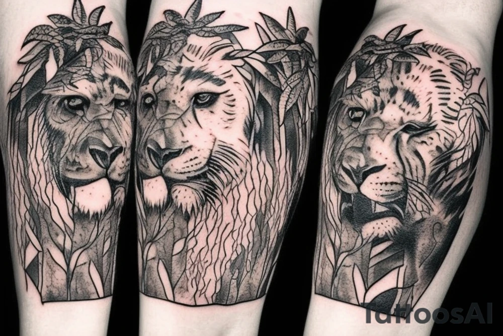 I want a jungle scene with vines. I want a gorilla head, lion head, wolf head, snake, eagle, tiger, black  panther all inside the trees tattoo idea