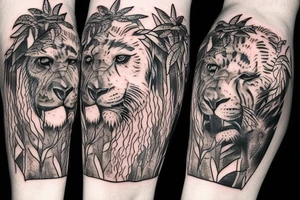 I want a jungle scene with vines. I want a gorilla head, lion head, wolf head, snake, eagle, tiger, black  panther all inside the trees tattoo idea