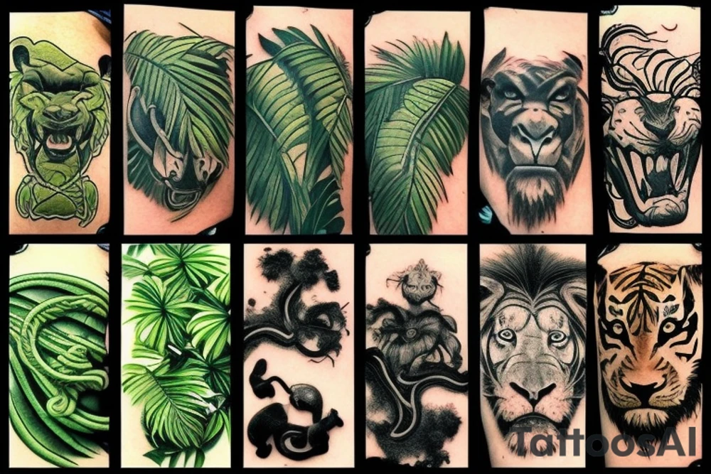 I want a jungle scene with vines. I want a gorilla head, lion head, wolf head, snake, eagle, tiger, black  panther all inside the trees tattoo idea