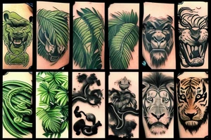 I want a jungle scene with vines. I want a gorilla head, lion head, wolf head, snake, eagle, tiger, black  panther all inside the trees tattoo idea
