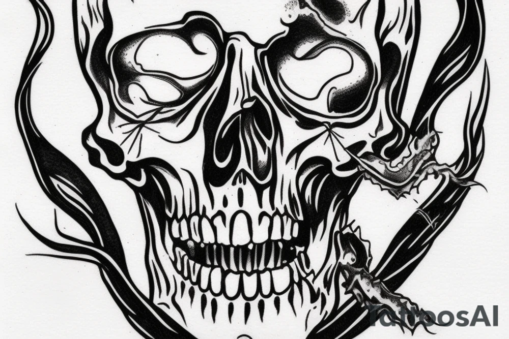 melting skull with fangs tattoo idea