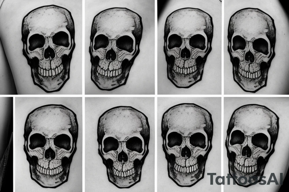 skull overlooking post apocalyptic landscape tattoo idea