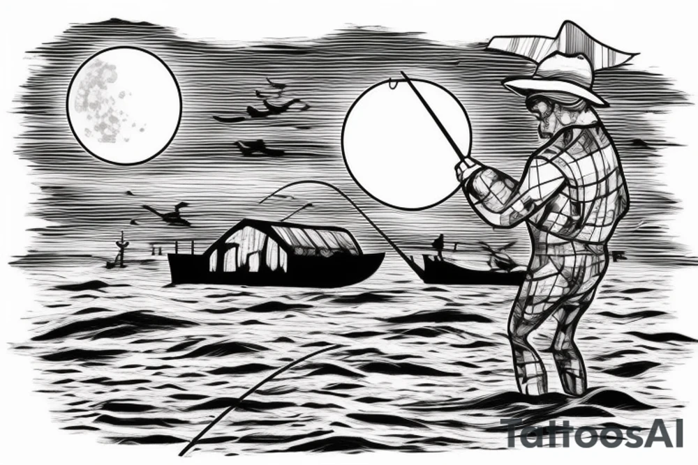 fisherman on a boat fishing on a big lake with a chalet not to far and a big forest behind with some hidden cross and top left there's a moon tattoo idea