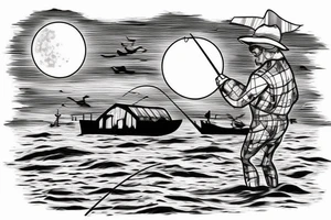 fisherman on a boat fishing on a big lake with a chalet not to far and a big forest behind with some hidden cross and top left there's a moon tattoo idea