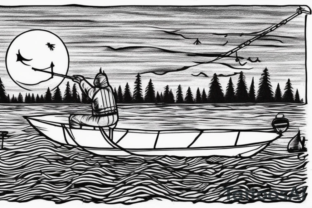 fisherman on a boat fishing on a big lake with a chalet not to far and a big forest behind with some hidden cross and top left there's a moon tattoo idea