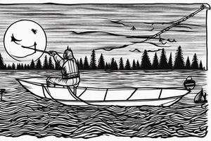 fisherman on a boat fishing on a big lake with a chalet not to far and a big forest behind with some hidden cross and top left there's a moon tattoo idea