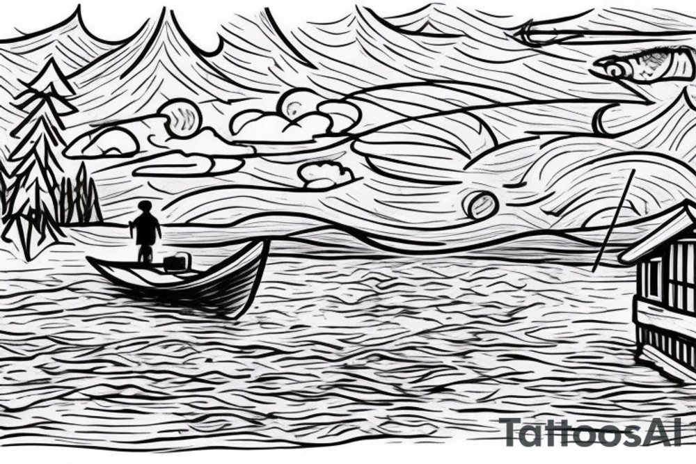fisherman on a boat fishing on a big lake with a chalet not to far and a big forest behind with some hidden cross and top left there's a moon tattoo idea