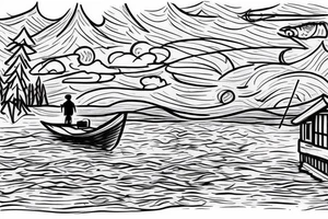 fisherman on a boat fishing on a big lake with a chalet not to far and a big forest behind with some hidden cross and top left there's a moon tattoo idea