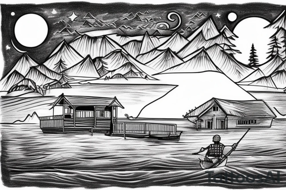 fisherman on a boat fishing on a big lake with a chalet not to far and a big forest behind with some hidden cross and top left there's a moon tattoo idea