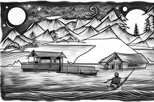 fisherman on a boat fishing on a big lake with a chalet not to far and a big forest behind with some hidden cross and top left there's a moon tattoo idea