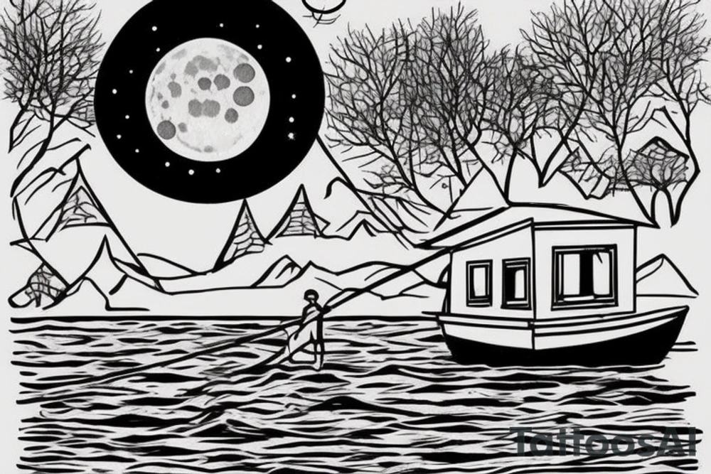fisherman on a boat fishing on a big lake with a chalet not to far and a big forest behind with some hidden cross and top left there's a moon tattoo idea