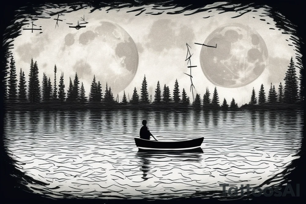 fisherman on a boat fishing on a big lake with a chalet not to far and a big forest behind with some hidden cross and top left there's a moon tattoo idea
