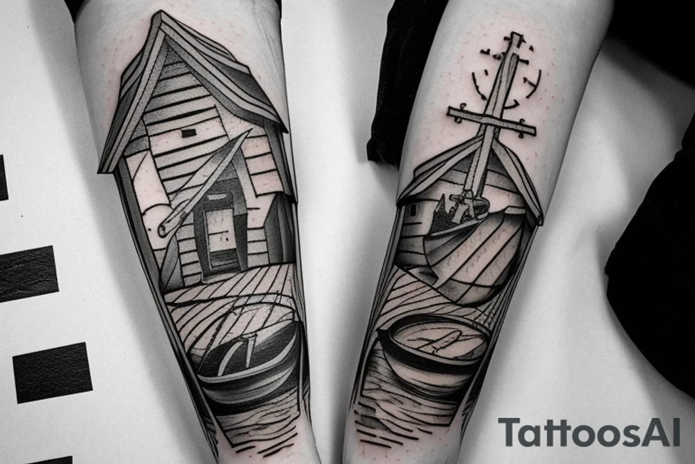 fisherman, moon, small cabin, letter f, cross tattoo idea