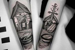fisherman, moon, small cabin, letter f, cross tattoo idea
