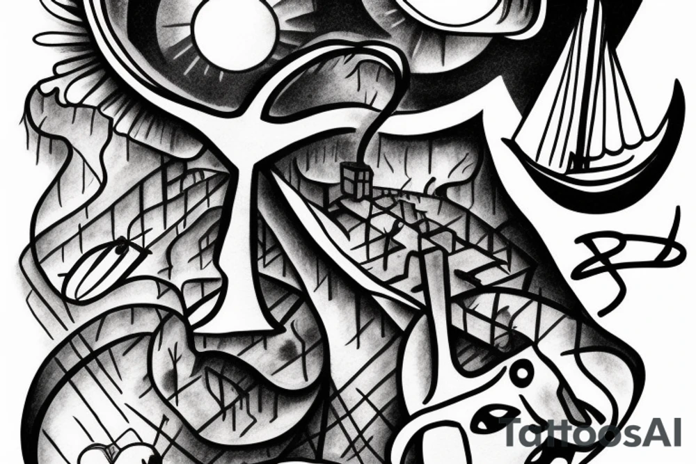 fisherman, moon, small cabin, letter f, cross tattoo idea
