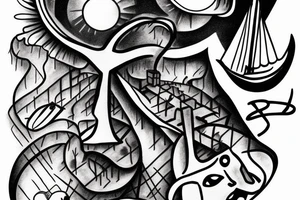 fisherman, moon, small cabin, letter f, cross tattoo idea