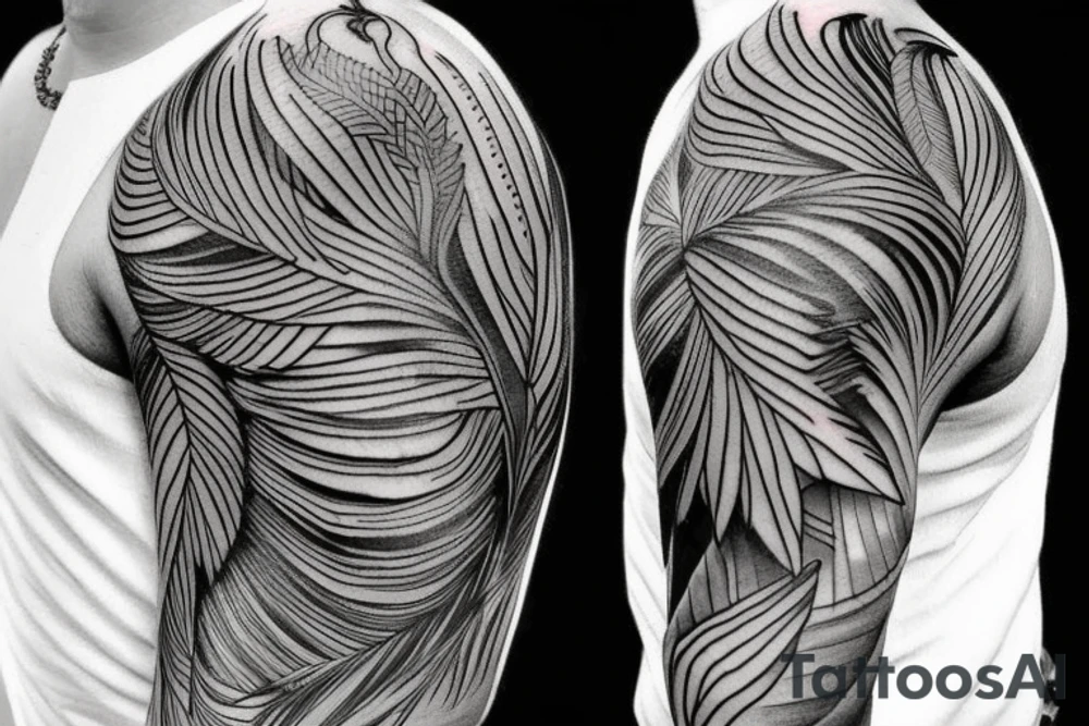 feathers on shoulder and arm tattoo idea