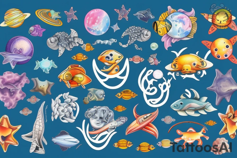 space fused with marine animals tattoo idea