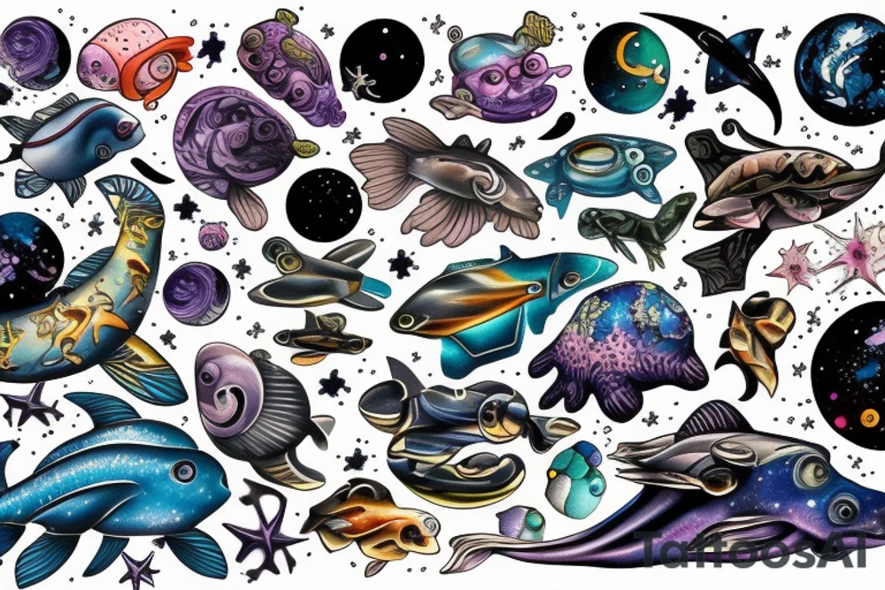 space fused with marine animals tattoo idea