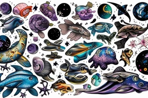 space fused with marine animals tattoo idea