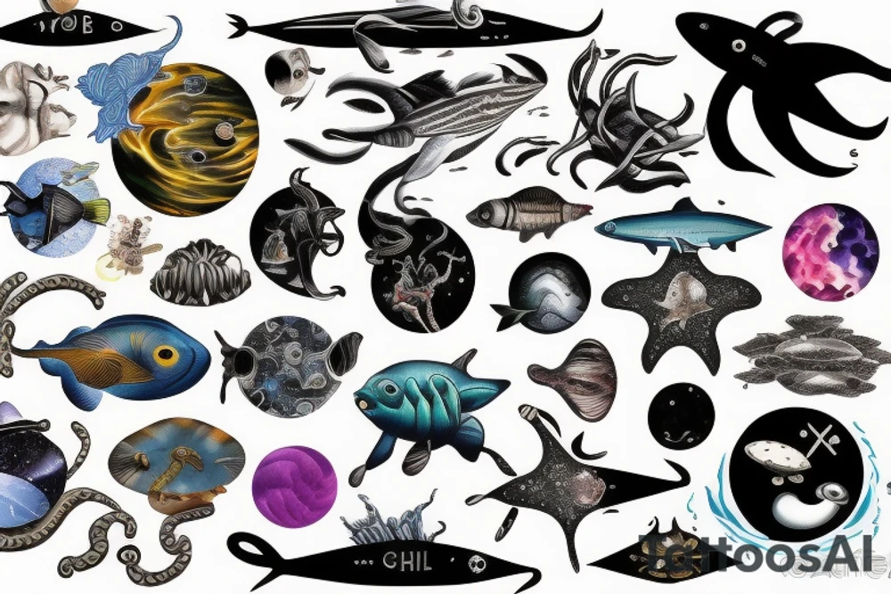 space fused with marine animals tattoo idea