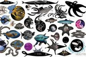 space fused with marine animals tattoo idea