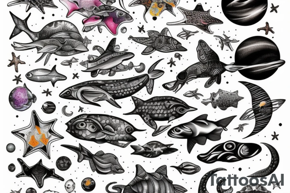 space fused with marine animals tattoo idea