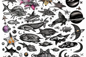 space fused with marine animals tattoo idea