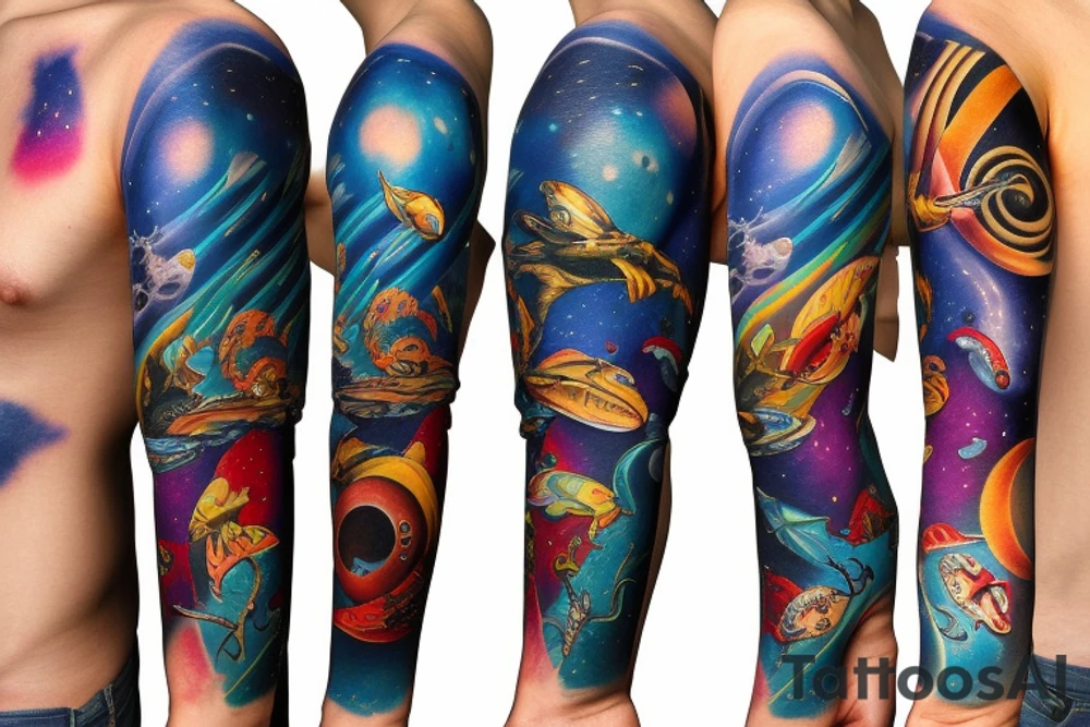 arm sleeve space fused with marine animals tattoo idea