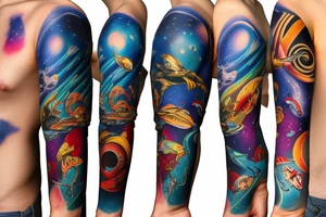 arm sleeve space fused with marine animals tattoo idea