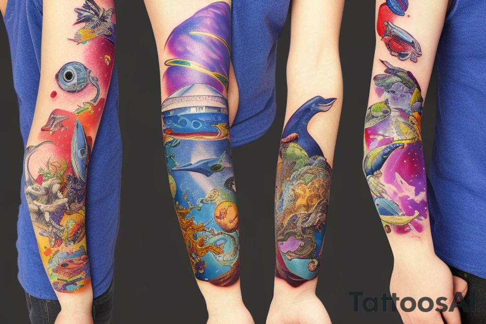 arm sleeve space fused with marine animals tattoo idea