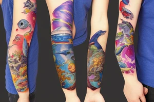 arm sleeve space fused with marine animals tattoo idea