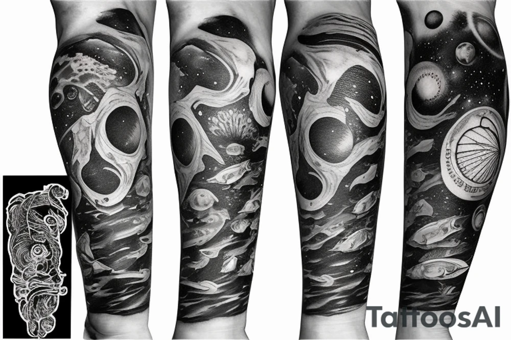 arm sleeve space fused with marine life tattoo idea