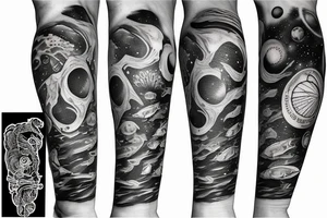 arm sleeve space fused with marine life tattoo idea