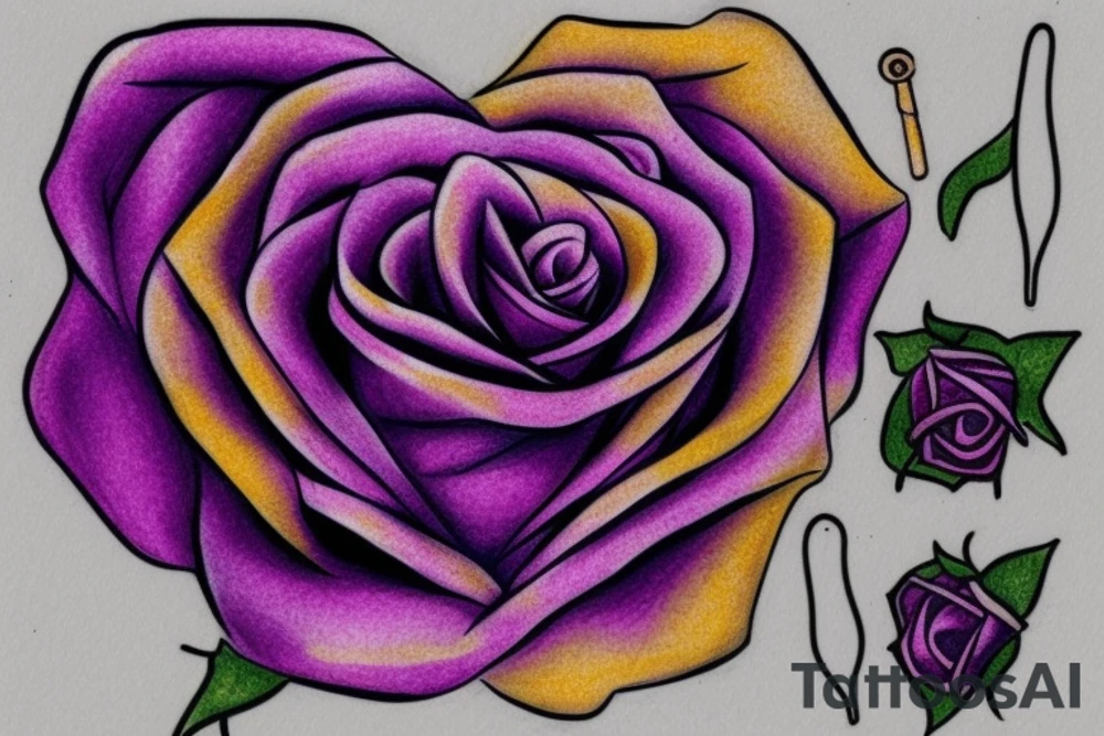 purple and gold rose with stem, and a heart tattoo idea